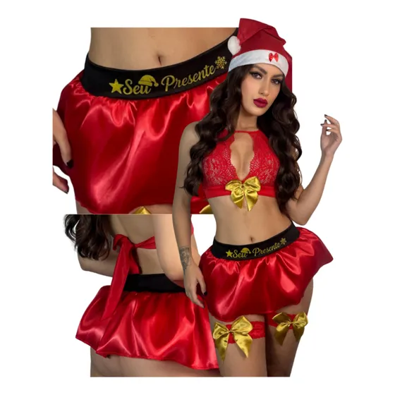 Conjunto Sensual Mamãe Noel Renda Seu Presente Lingerie Sex