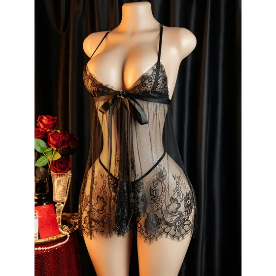 Conjunto Lingerie Sexy Transparente Em Renda C/ Qqny